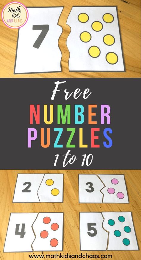 FREE number puzzles for the numbers 1 - 10. These fun, colorful number puzzles are perfect for preschool and Kindergarten age children to practice counting and number recognition skills. Each puzzle card is split into two pieces - a number and a dot picture. Puzzles are self-correcting, meaning that two puzzle pieces will only fit together if the math is correct. Free to download. Click through to read more! #mathcenters #numbersense #numbersto10 #preschoolmath #mathkidsandchaos #numberpuzzle Montessori, Pre K, Preschool Number Puzzles, Numbers For Kids, Math Activities Preschool, Kindergarten Math, Number Identification Activities, Math Numbers, Counting Puzzles