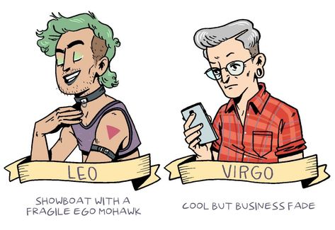 Astrological Signs as Classic Queer Haircuts | The Nib Feminism, Zodiac Signs, Astrology Signs, Lgbt Pride Art, Lgbt Pride, Queer, Lgbtqia, Queer Art, Tarot Cards