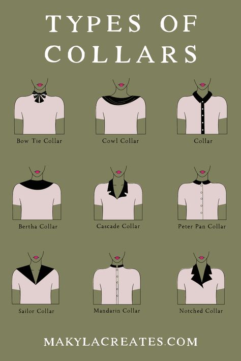 23 Types of Collars with Illustrations - Makyla Creates Silhouette, Couture, Inspiration, Types Of Collars, Collars For Women, Types Of Shirts, Bow Tie Collar, Collar Types, Shirt Collar Styles