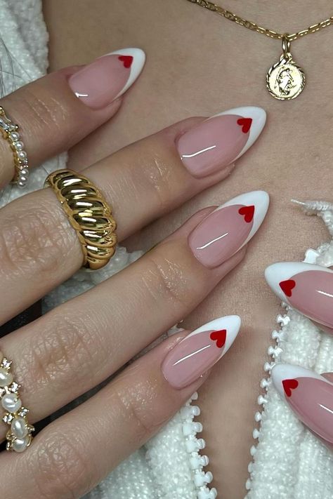 Romantic and Elegant: Stiletto Nails with White French and Red Heart Accents for Valentine's Day. // Photo Credit: Instagram @nailzkatkat Nail Designs, Inspiration, Cute Nails, Ongles, Red Nails, Cute Acrylic Nails, Cute Acrylic Nail Designs, Nail Colors, Red And White Nails