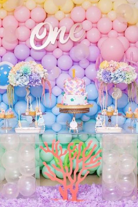 Don't miss this stunning Mermaid themed 1st birthday party! Love the colorful balloon backdrop! See more party ideas and share yours at CatchMyParty.com Mermaid Birthday Party, First Birthday Theme Girl, 1st Birthday Party Themes, 1st Birthday Party For Girls, 1st Birthday Girl Decorations, Mermaid Parties, Girls Birthday Party, 1st Birthday Party Supplies, Mermaid Theme