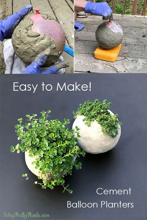 How to make really cool round planters with cement. Mold the cement (don't use concrete) around a balloon to get the round shape. This detailed tutorial for making a DIY cement balloon planter is actually easy and so much fun. Gardening, Diy, Cement Diy, Cement Crafts, Diy Planters, Concrete Diy Projects, Concrete Crafts, Concrete Diy, Diy Garden