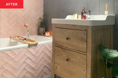 After: a bathroom sink with a wooden cabinet below and a bathtub with pink tiles on the outside Bathroom, Home, Décor, Ikea, Dressing Table, Design, Apartment Therapy, Decor, Pink Bathroom