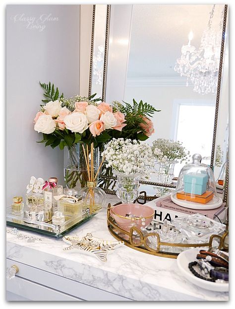 Adding Glam to Your Boudoir - a Blog Hop | vanity decor, vanity trays, tray styling, jewelry display, perfume display, glam vanity | Classy Glam Living Vanity Flowers Decor, Jewelry Vanity Display, Bathroom Vanity Display, Vanity Decor Diy, Bedroom Perfume Display, Flowers On Vanity, Vanity Top Decor, Makeup Vanity Styling, Vanity Tray Decor Bedroom