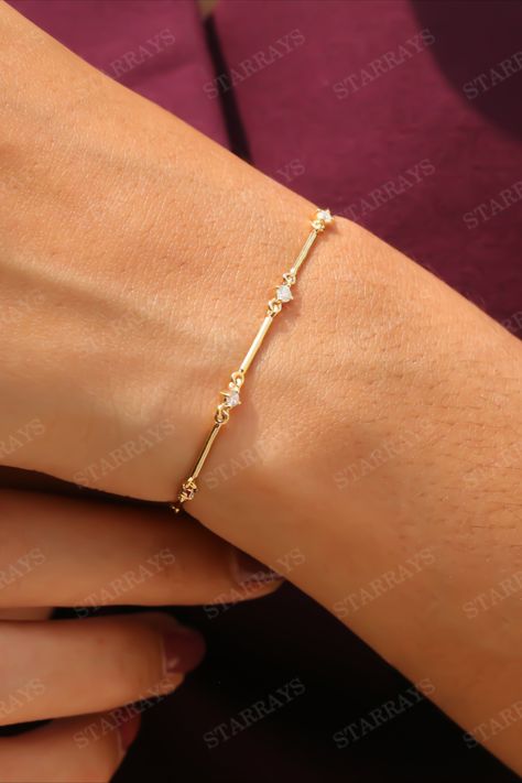14k gold square bar link bracelet with prong set round diamonds in graduating sizes in between each bar Bracelets, Rings, Bands, Diamonds, 14k, Gold, Diamond, Link, Link Bracelets