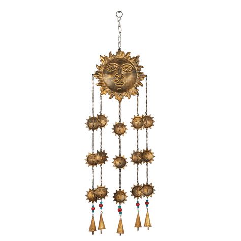 "Find the 37\" Brass Metal Sun Eclectic Windchime at Michaels. com. This home décor is consists of a round disc with features of a human face that's surrounded by 16 wavy rays, known to represent the light of the sun. Come and marvel at this spectacular, \"Sun in Splendor\" windchime. This home décor is consists of a round disc with features of a human face that's surrounded by 16 wavy rays, known to represent the light of the sun. Delicately crafted with 15 small-sized, sun-shaped iron duplicat Home, Outdoor, Home Décor, Wind Chimes, Design, Metal, Glass Wind Chimes, Windchimes, Suncatchers