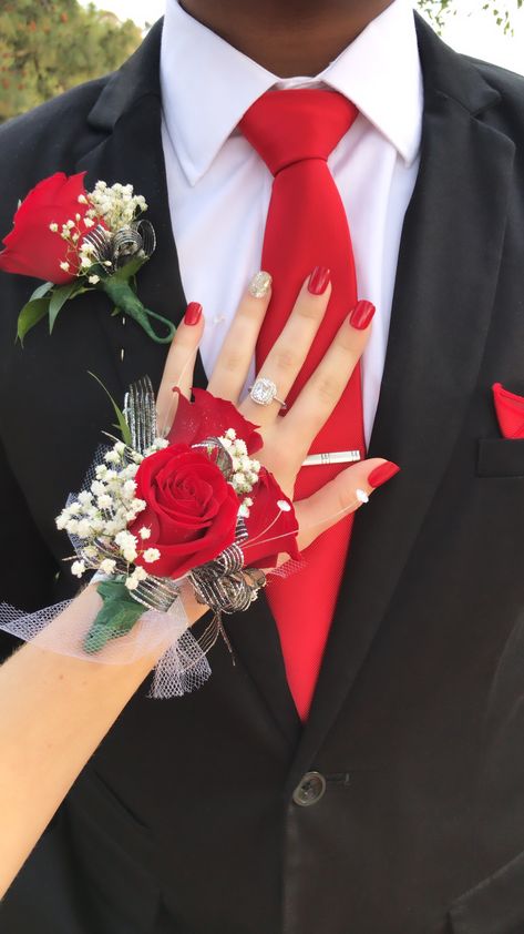 I wore this with a red dress and silver shoes! It worked really well ❤️ Prom, Prom Corsage Red, Red Corsage Prom, Prom Corsage, Prom Corsage And Boutonniere, Prom Tux, Prom Tuxedo, Corsage Prom, Prom Tuxedo Ideas
