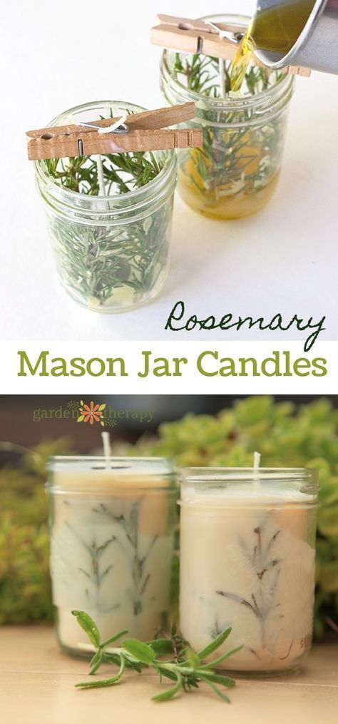 Rosemary Pressed Herb Mason Jar Candles DIY Project - Rosemary looks great in these candles, but you can also use herbs like thyme or lavender that are readily available in the garden, grocery store, or garden center. This project uses a mix of beeswax and soy wax, Mason jars, pressed rosemary leaves, and essential oils. These easy-to-make candles can be used as beautiful handmade gifts or a special treat for just you! Mason Jars, Diy, Crafts, Home-made Candles, Mason Jar Candles, Mason Jar Crafts, Mason Jar Diy, Mason Jar Crafts Diy, Diy Candles