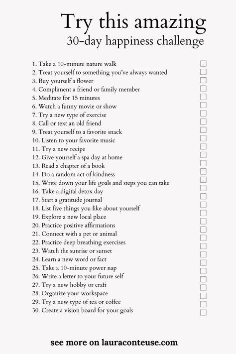 a pin that says in a large font 30-Day Happiness Challenge Happiness, Mindfulness, Diy, Inspiration, Motivation, Self Improvement Tips, Ways To Be Happier, Ways To Be Happy, Daily Challenges