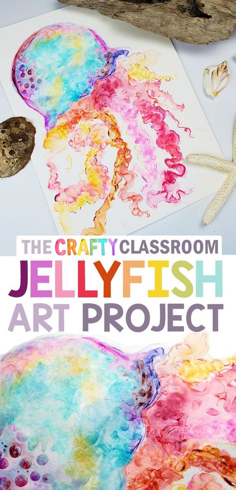 Ocean Art Projects, Mixed Media Texture, Watercolor Jellyfish, Summer Art Projects, Art Project For Kids, Jellyfish Art, Warm And Cool Colors, Project For Kids, Ocean Crafts