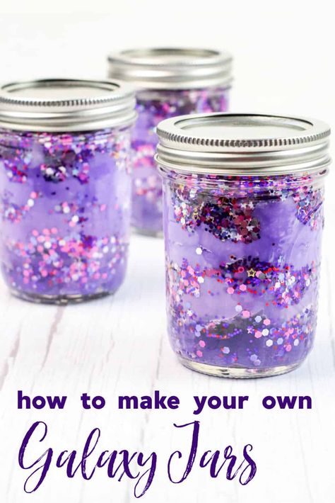 This fun and easy craft is perfect for space fanatics of all ages. With just a few simple supplies, you can create your own DIY galaxy in a jar. These gorgeous sensory jars are the perfect way to relax, calm down, and unwind. Diy For Kids, Ideas, Diy Galaxy Jar, Space Crafts, Diy Galaxy, Galaxy Crafts, Crafts For Teens, Diy Creative Crafts, Jar Crafts