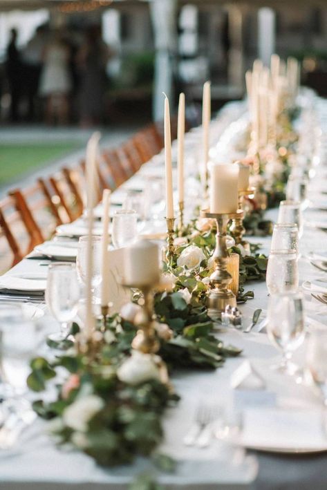 Formal Charleston Wedding with a backyard feel via Magnolia Rouge Tall Candle Holders Wedding, Candle Table Centerpieces, Pillar Candles Wedding, Gold Candle Holder Centerpieces, Tall Candles Wedding, Wedding Table Candlesticks, Long Table Centerpieces, Candle Holders Wedding, Gold Candle Holders Wedding