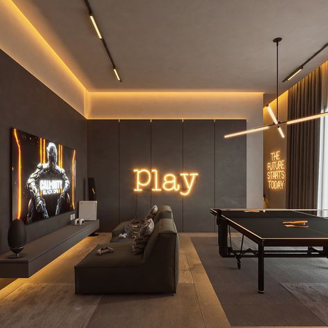 Home Cinema Room, Home Game Room, Small Game Room Design, Game Room Basement, Game Room Design, Modern Game Room, Gaming Room Interior Design, Arcade Room, Classy Video Game Room