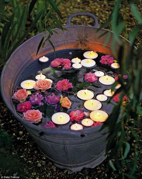 Floating flowers and candles at night in containers. www.ContainerWaterGardens.net Diy Wedding Decorations, Outdoor, Rustic Wedding Decorations, Outdoor Wedding, Summer Garden Wedding, Backyard Wedding, Garden Parties, Garden Wedding, Garden Party