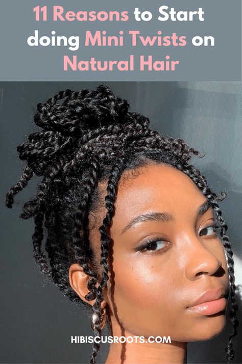 How to do mini twists on natural hair. Whether your natural hair is long, short, medium, 4c, or 4b. Learn everything you need to grow long 4c hair with simple mini twists. It's one of the super easy natural hairstyles especially for back to school! Very versatile and great for working out with natural hair! #minitwists #4chairgrowth #4chairstyles. via @hibiscusroots Protective Styles, Twist Out Styles, Twist On Natural Hair, Easy 4c Hairstyles Medium, Mini Twists Natural Hair, Mini Twists Natural Hair Long, Braids On Natural Hair, Twist Hairstyles, Protective Hairstyles For Natural Hair