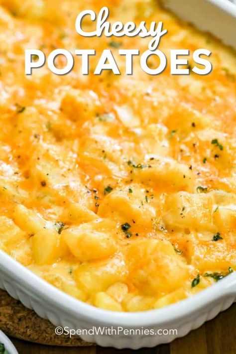 This easy cheesy potato casserole is great to prep and make ahead. Then just toss in the oven to bake until browned! You can also easily freeze this recipe for a quick meal or perfectly portioned leftovers! #spendwithpennies #cheesypotatoes #sidedish #ovenbaked #casserole #makeahead #freezerfriendly Pasta, Quinoa, Casserole, Cheesy Potato Casserole, Baked Potato Casserole, Cheesy Potato Bake, Cheesy Potatoes Recipe, Cheesy Potato Side Dishes, Potato Cheese Casserole