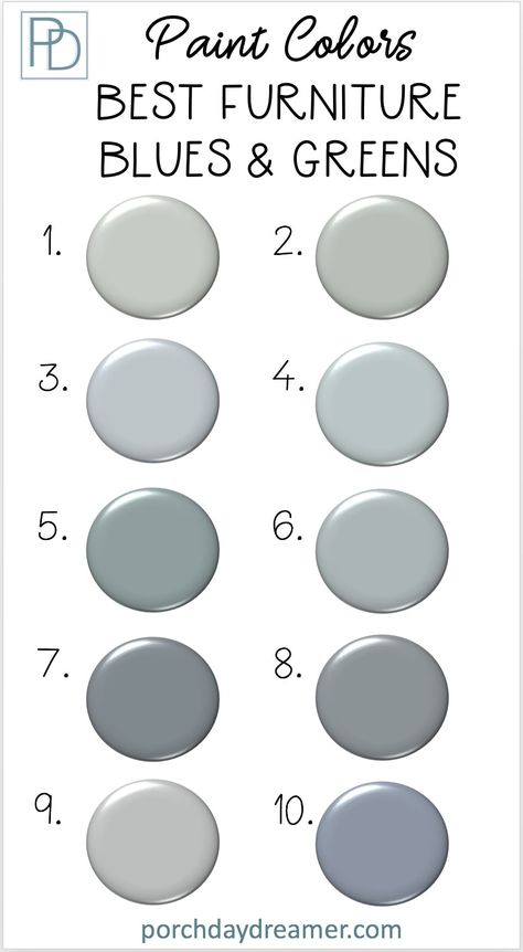 The best furniture paint colors in blues and greens. 10 paint color options to makeover your furniture. #furniturepaint #paintcolors #furniturepaintcolors #porchdaydreamer Interior, Design, Paint Colors For Furniture, Blue Gray Paint Colors, Blue Painted Furniture, Furniture Paint Colors, Gray Painted Furniture, Blue Gray Paint, Paint Colors For Home