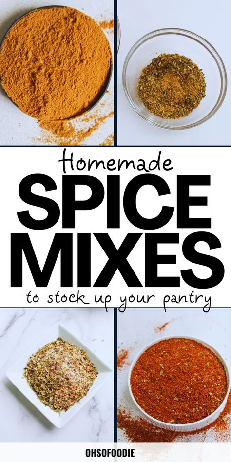 Text reads Homemade spice mixes to stock up your pantry Homemade Spice Mix, Homemade Spice Blends, Homemade Spices Rubs, Spice Blends Recipes, Homemade Spices, Spice Mixes, Spice Blends, Spice Mix Recipes, Homemade Seasonings