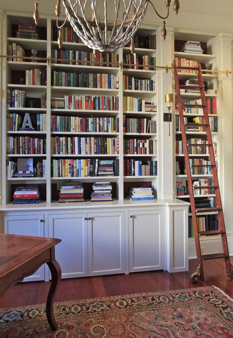 Beautiful custom built-in bookcase for home library. Column accents with tall base moulding and sliding ladder. Interior, Home Décor, Bookshelves, Home Libraries, Built In Bookcase, Sliding Ladder Bookshelf, Bookcase With Ladder, Tall Bookshelves, Bookcase Ladder
