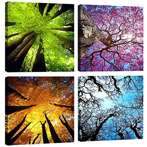 Moco Art 4 Panels Canvas Wall Art Spring Summer Autumn Winter Four Seasons Landscape Color Tree Painting Picture Prints Modern Giclee Artwork Stretched and Framed for Living Room Home Decoration Boho, Wall Art Prints, Canvas Print Wall, Artwork For Living Room, Wall Canvas, Canvas Pictures, Modern Painting, Landscape Canvas, Tree Canvas