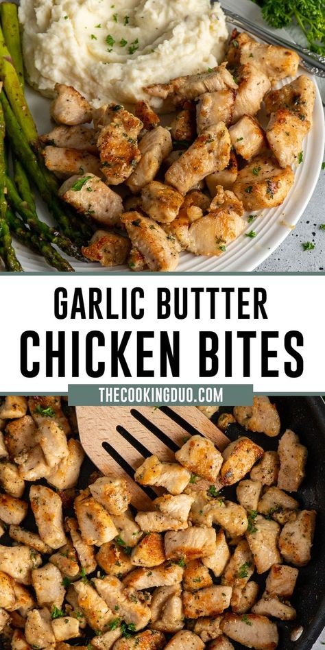 Garlic butter chicken bites on a plate. Desserts, Healthy Recipes, Lunches And Dinners, Quick Chicken Breast Recipes, Easy Chicken Thigh Recipes, Chicken Breast Recipes Skillet, Skillet Chicken, Easy Chicken Breast Dinner, Chicken Breast Recipes Easy