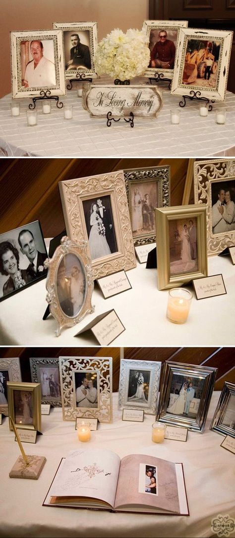 wedding photo ideas to honor those who passed away Anniversary Ideas, Decoration, Guest Book, Guest Book Table, Memory Table Wedding, Wedding Guest Book, Family Wedding, Wedding Photo Display, Escort Cards