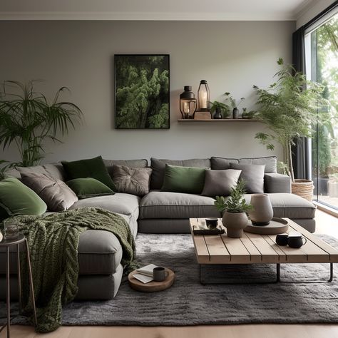 Green and grey, the perfect ballet—a harmonious duo that makes your day!" 💚 Our green and grey cushions on a grey sofa offer a balanced and inviting look for any room. 🌫️ Find your equilibrium at 👉 https://covermycushion.com/pages/cushion-ideas-for-grey-sofas 🌿 #CoverMyCushion #GreenAndGrey #BalancedBeauty Sofas, Interior, Living Room Ideas, Home Décor, Living Room Decor Cozy, Living Room Green, Living Room Decor, Earthy Living Room, Living Room Decor Apartment