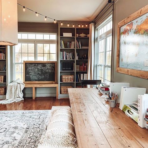 A previous dining space re-imagined as a homeschool room which can function for a large family  #studyspace #homeschooroom #homeschool #DIYdesk Rooms Home Decor, Home, Home Décor, Homeschool Room Decor, Homeschool Room Design, Homeschool Rooms, School Room, Homeschool Decor, Room Inspo