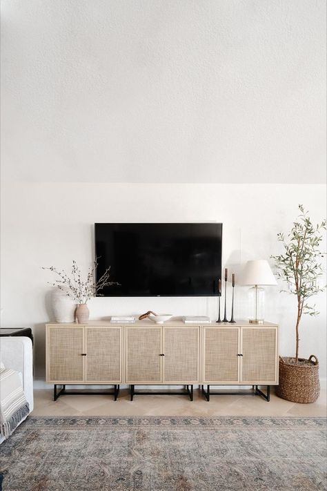 Nathan James Kova Accent Natural Storage Cabinet Sideboard Wood and Rattan with Matte Metal Frame, Adjustable Interior Shelves and Cane Doors Home Décor, Console Table Decorating Under Tv, Cane Sideboard, Dresser Styling With Tv, Tv Stand Console, Tv Stand With Storage, Wood Tv Cabinet, Tv Console Decorating, Tv Stand Ideas For Living Room