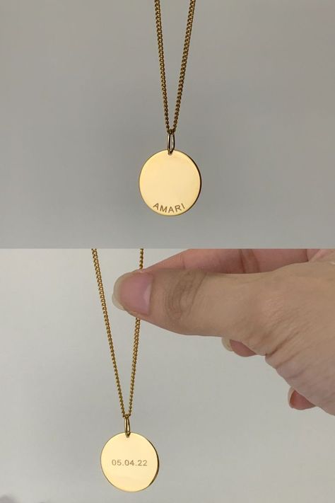 A 14 karat gold customized disc pendant with the name Amari engraved in front. A 14 karat gold engraved with a date 05.04.2022. Hang on a 14 karat gold chain. Bijoux, Initial Necklace Gold, Initial Necklace, Name Necklace, Gold Disc Necklace, Disc Necklace, Personalized Necklace, Engraved Necklace, Personalized Jewelry