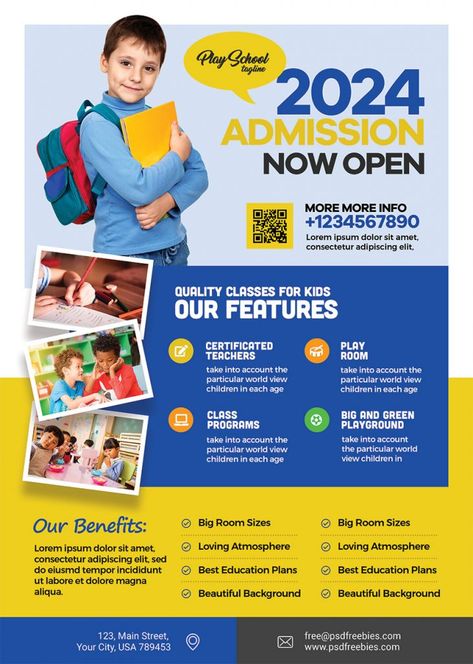 Download Free School Admission Open AD Flyer PSD. This School Admission Open AD Flyer PSD is perfect for a promote school admission year announcement or advertising facilities, activities, classes or learning programs at a junior senior school. You can insert your own school Logo, images, and text using Adobe Photoshop. This Freebie download contains PSD file, which Download Free School Admission Open AD Flyer PSD. Web Design, Adobe Photoshop, School Admissions, Admissions Poster, School Prospectus, Education Banner, School Opening, School Advertising, Admissions