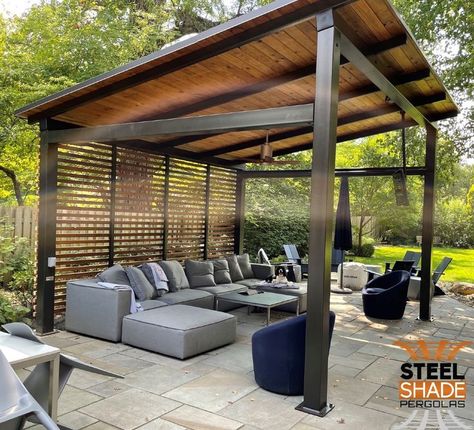 CUSTOM 14'X15'X4 POST, STRAIGHT JOIST, PITCHED ROOF, CURTAIN ROD, FAN MOUNT, CEDAR SHADE BAR BACK SCREENING, 2'X6" TOUNGE AND GROOVE ROOF DECKING Exterior, Steel Pergola, Pergola With Roof, Pergola With Shade, Wood Pergola Design, Modern Pergola Designs, Outdoor Pergola, Pergola Outdoor Spaces, Backyard Gazebo
