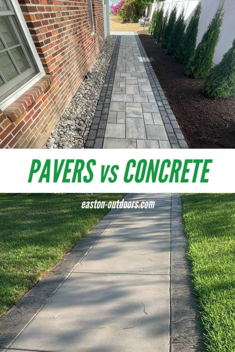 Trying to decide between pavers and concrete for your new patio or driveway update? There are a lot of factors to consider such as price, installation, maintenance, and more. Check out these six important differences between concrete and pavers to help you make your decision. Pavers Over Concrete, Concrete Paver Patio, Brick Paver Driveway, Brick Paver Patio, Paver Walkway, Paver Driveway, Concrete Walkway, Pavers Backyard, Concrete Patio Designs
