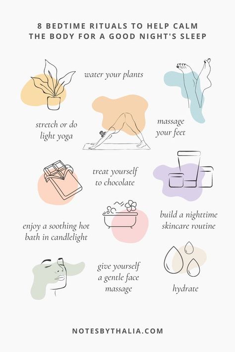 8 Bedtime Rituals To Help Calm The Body For a Good Night's Sleep Evening Routines | Evening Routine Ideas | Evening Routine Aesthetic | Evening Routine Checklist | Evening Routines for women | Evening Rituals | Evening Ritual Ideas | Evening Rituals Night | Evening Rituals Aesthetic | Self-Care Daily | Self-Care For Women | Self-Care Rituals | Tips For Falling Asleep | Sleep Tips for Adults Bedtime Yoga Light Stretch Water Your Plants Massage Your Feet Hydrate Build a Nighttime Routine Sleep Rituals, Glow, Inspiration, Fitness, Life Hacks, Motivation, Bedtime Ritual, Self Care Activities, Self Care Routine