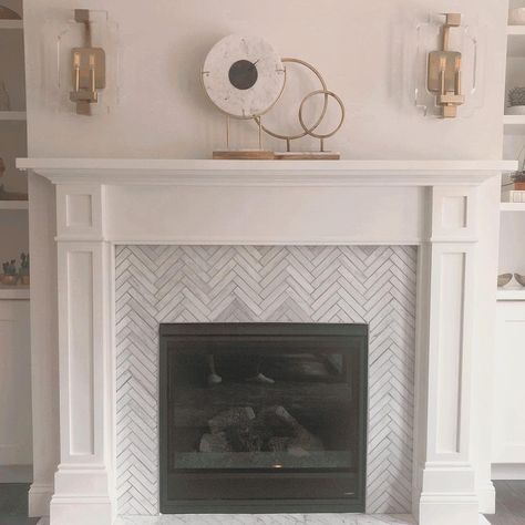 Instagram, Design, Home Décor, White Fireplace Surround, Herringbone Fireplace Surround, Fireplace Feature Wall, Fireplace Surrounds, Fireplace Redo, Wood Fireplace Surrounds