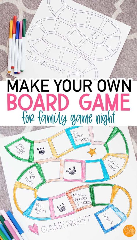 Make a DIY board game for your next family game night! Includes a Cricut Design Space template. This is a fun family game night activity for all ages, and makes a perfect homeschool project too. Make a board game for kids and adults to enjoy together. Board Games, Pre K, Diy, Board Games For Kids, Games For Kids, Board Games Diy, Board Game Night, Homemade Board Games, Board Game Themes