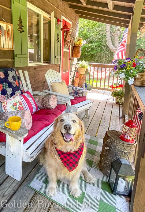 Porch at a mountain cabin with DIY shutters and golden retriever- www.goldenboysandme.com Summer, Camping, Cabin Decor, Cabin, Cabin Homes, Lake House, Porch Swing, Family Cabin, Cottages And Bungalows