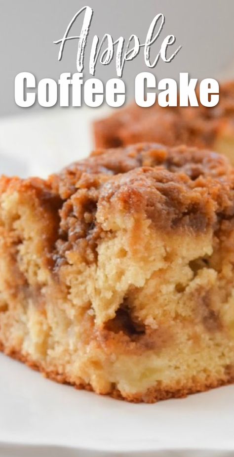 A front picture of a slice of Apple Coffee Cake with white text at the top Apple Coffee Cake. Fruit, Brownies, Muffin, Pie, Cake, Dessert, Desserts, Apple Coffee Cakes, Apple Cinnamon Cake