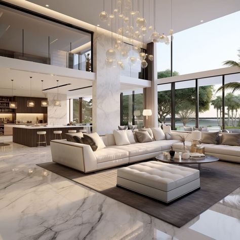 The living room’s white marble floor and white walls give it a pristine, luxurious appearance. Interior, Living Room Designs, Home Décor, Luxury Living Room Decor, Contemporary Living Room Designs Luxury, Home Living Room, Modern Luxury Living Room, Modern Living Room, Living Room Modern