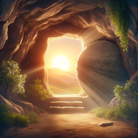 A serene scene of an open, empty tomb at sunrise. The background features a rising sun symbolizing hope and resurrection. The entrance of the tomb is framed by natural rock walls and lush greenery, creating a peaceful and sacred atmosphere. The light of the sunrise gently illuminates the scene, highlighting the significance of the empty tomb. Lord, Nature Of God, Empty Tomb, Rising Sun, Christ Tomb, Biblical Art, Biblical Artwork, Resurrection, Christian Backgrounds