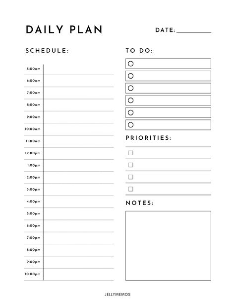 daily planner page with a 5am to 10pm schedule on the left side and to do list, priorities and notes areas on the right side. Inspiration, Motivation, Tips, Inspo, Kata-kata, Create, Goals Planner, Favorite, Tracker