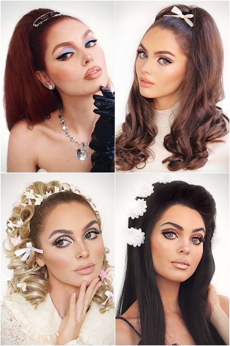 Jackie Wyers is pictured in a collage with 4 different makeup and hair looks inspired by the 60s. She has red hair like gigi hadid at the met gala 2021, brown hair tied with a bow, blonde hair in a curly updo like sharon tate's bridal look and long black hair with volume and flowers inspired by Priscilla Presley. Vintage Glam, Retro Hair, 70s Glam Makeup, 70s Disco Hair, 1950’s Makeup, 70s Hair Disco, 70’s Disco Hair, 1960’s Makeup, 50s Makeup And Hair