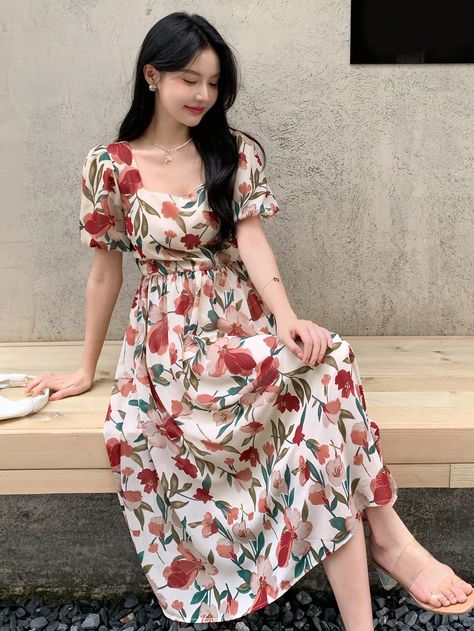 Multicolor Elegant Collar Short Sleeve Fabric Floral,All Over Print A Line Embellished Non-Stretch  Women Clothing Outfits, Floral Maxi Dress, Floral Print Dress, Vestidos, Floral Print Dresses, Maxi Dress, Puffed Sleeves Dress, Maxi Dress With Sleeves, Vintage Floral Dress