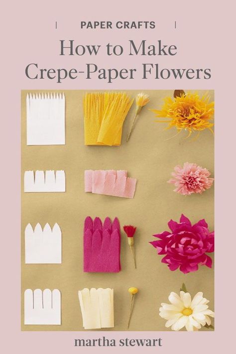 Crepe-paper flowers capture the essence of flowers without all the botanical details. Use our step-by-step guide for specific flowers, though petals, stamens, and leaves can be altered, mixed, and matched using paper and crafts supplies. #marthastewart #crafts #diyideas #easycrafts #tutorials #hobby Paper Flowers, Crepe Paper Flowers, Paper Flowers Craft, Spring Flower Crafts, Paper Flowers Diy, Paper Flower Crafts, Paper Flower Wall, Flower Crafts, Easy Paper Crafts