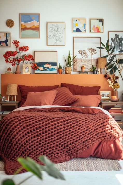 Creating a Bedroom Sanctuary with Target's Casaluna | Justina Blakeney Eclectic Bedding, Bedding Funky, Bedding Ideas Colorful, Bedroom Ideas Bedding, Bright Bedding Inspiration, Bedroom With Burnt Orange Bedding, Cozy Eclectic Bedroom, Breezy Bedroom Ideas, Bedroom Over Bed Decor