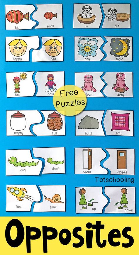 FREE printable puzzles to teach preschoolers about antonyms and opposites. Includes 12 self-correcting puzzles with visual cues to find the matching pair of antonyms. English, Montessori, Phonics, Pre K, Tracing Worksheets, Kindergarten Worksheets, Learning Activities, Opposites Preschool, Preschool Learning