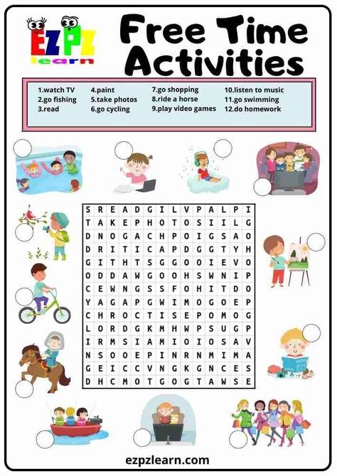 Free Printable Word Search Game Worksheet For English Learners Topic Freetime Activities English Games For Kids, Word Games For Kids, English Lessons For Kids, Vocabulary Activities, Word Puzzles For Kids, English Activities For Kids, English Worksheets For Kids, Learning English For Kids, English Activities