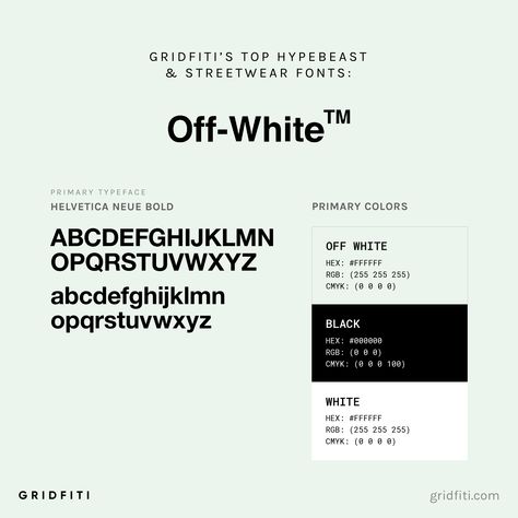 The Off White font uses Helvetica Neue Bold. This famous font is used by Virgil Abloh in many of his quotation designs and collections.  To download this font and to see the Off White brand colors in detail, check out the full blog post on Gridfiti! Design, Fonts, Logos, Font Design Logo, Brand Fonts, Fonts Design, Logo Fonts, Graphic Design Typography, Typeface