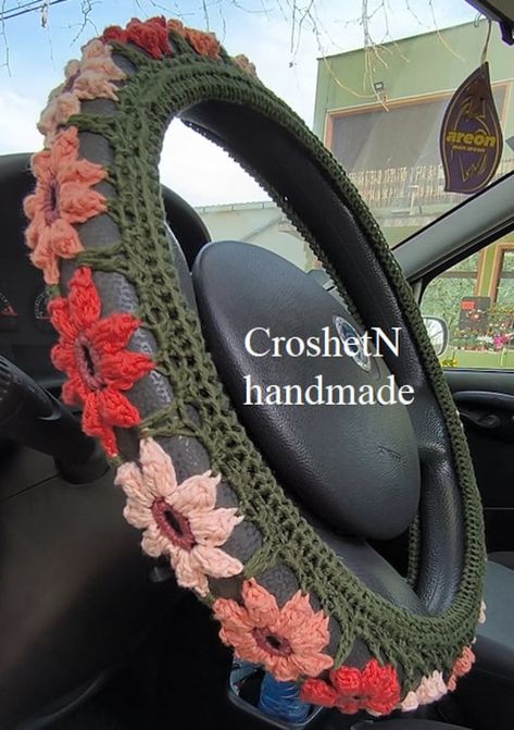 HANDMADE CROCHETED STEERING WHEEL COVER which is made like accessories for car Crocheted steering wheel cover is a great way to update your car's interior with good quality. The cover made from pure cotton has a comfortable feel and will protect your hands from hot or cold steering wheels. It fits a standard 46.5"-47" circumference or 14.5"-15" in diameter (35.5-39.5 cm -measurements 1 on the photo, measurement 2 = 11 cm (4 1/3 in) steering wheel Composition: 100% cotton, mercerized Soft and str Car Wheel Crochet, Steering Wheel Cover Crochet Pattern, Crochet Steering Wheel Cover Pattern, Crochet Car Decor, Crochet Car Accessories, Steering Wheel Cover Crochet, Wheel Cover Crochet, Crochet Steering Wheel Cover, Crochet Steering Wheel