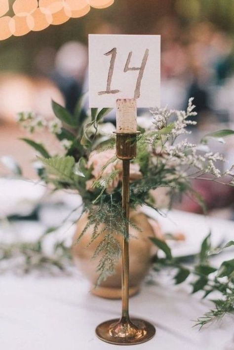 Table number holder is candlestick from thrift store and wine cork Decoration, Table Number Holders Diy, Table Number Holders, Elegant Table Number Holders, Table Numbers, Vintage Table Numbers, Candle Table Numbers, Candlestick Table Numbers, Candlestick Wedding Decor